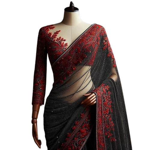 RED and BLACK saree saree red and black embroidery saree trendy saree